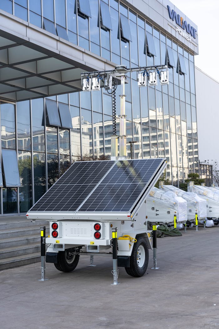 A mobile solar panel trailer equipped with LED lighting in an urban setting.